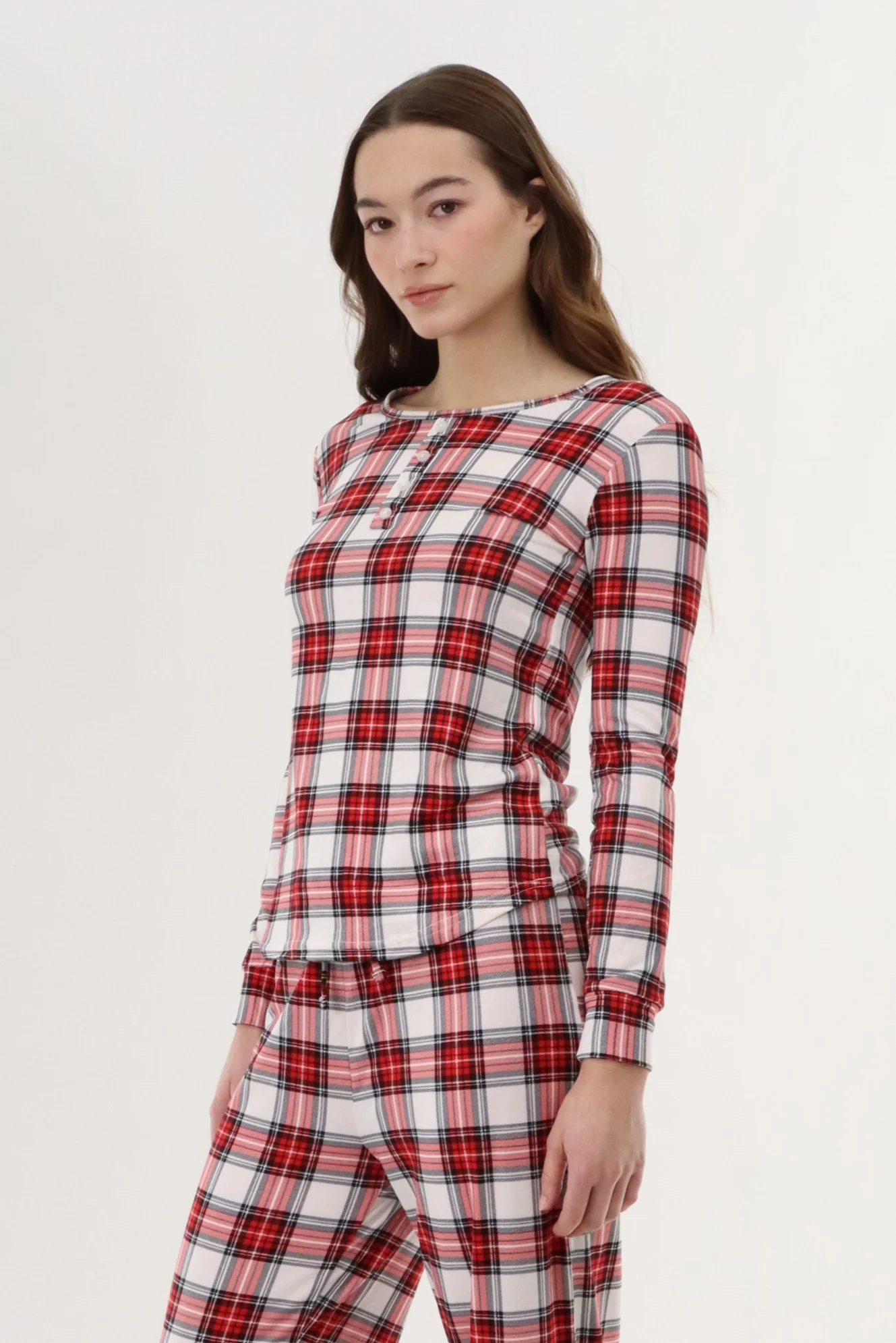 Long Sleeve Plaid Pajama Top - White - Image 2