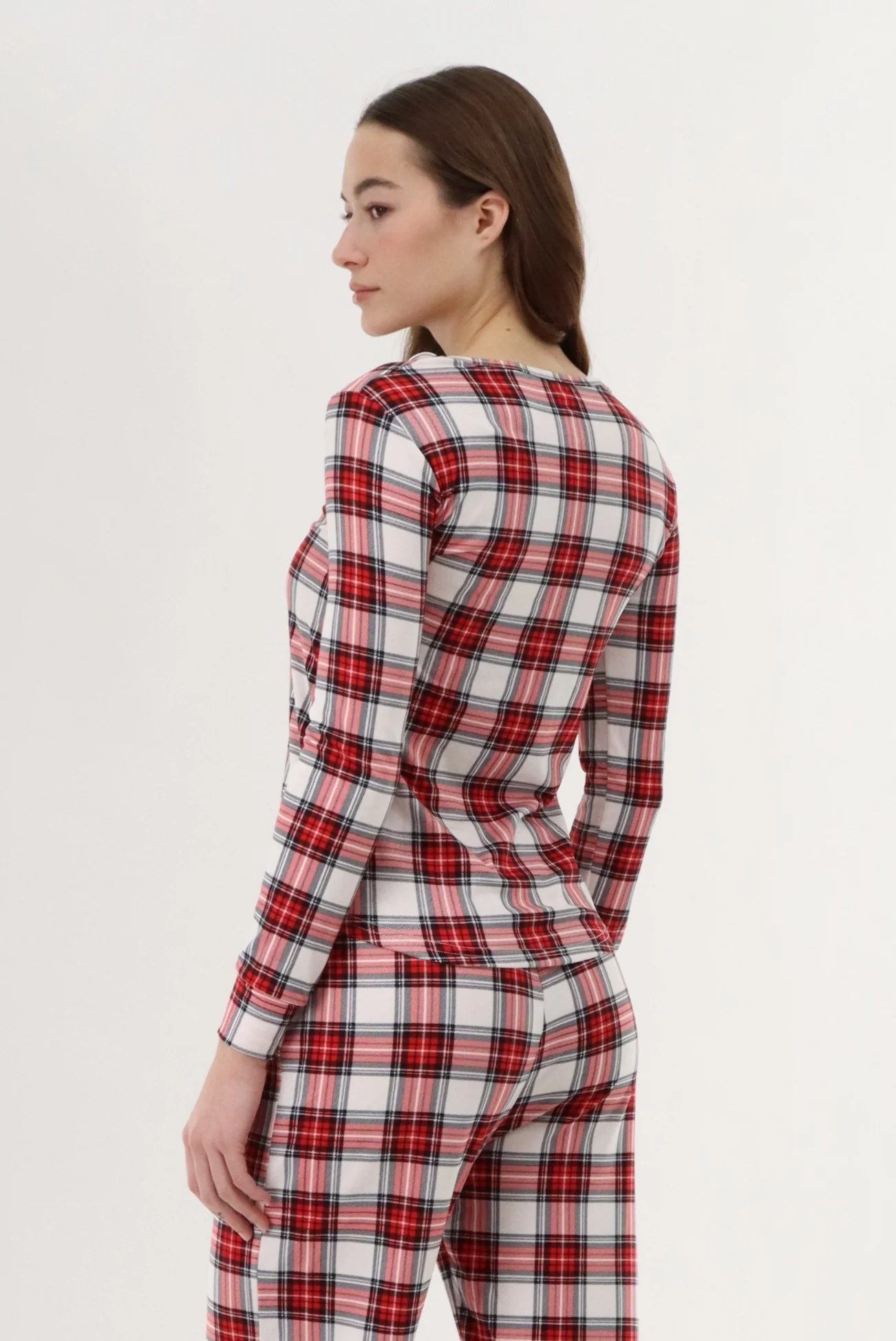 Long Sleeve Plaid Pajama Top - White - Image 3