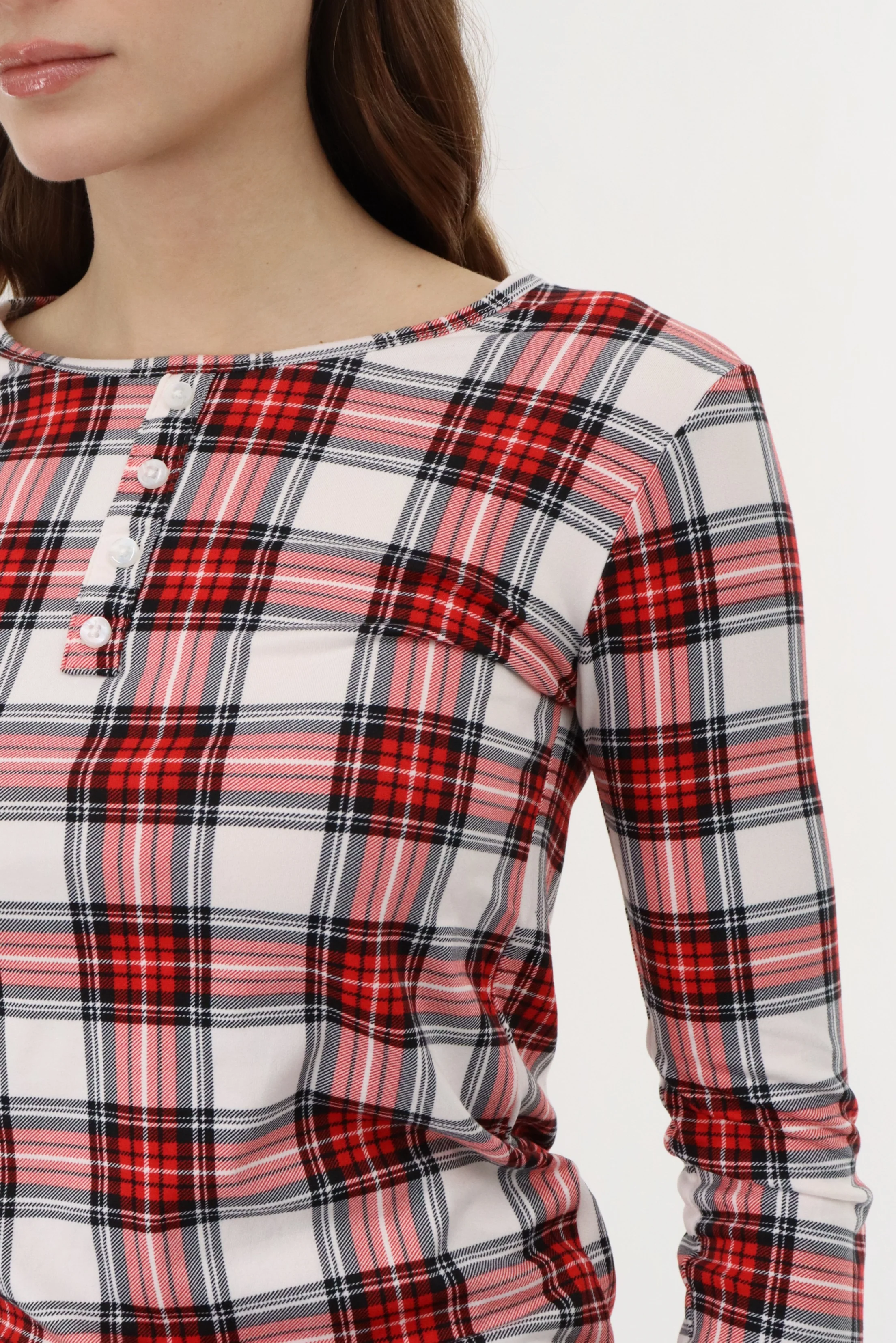 Long Sleeve Plaid Pajama Top - White - Image 4