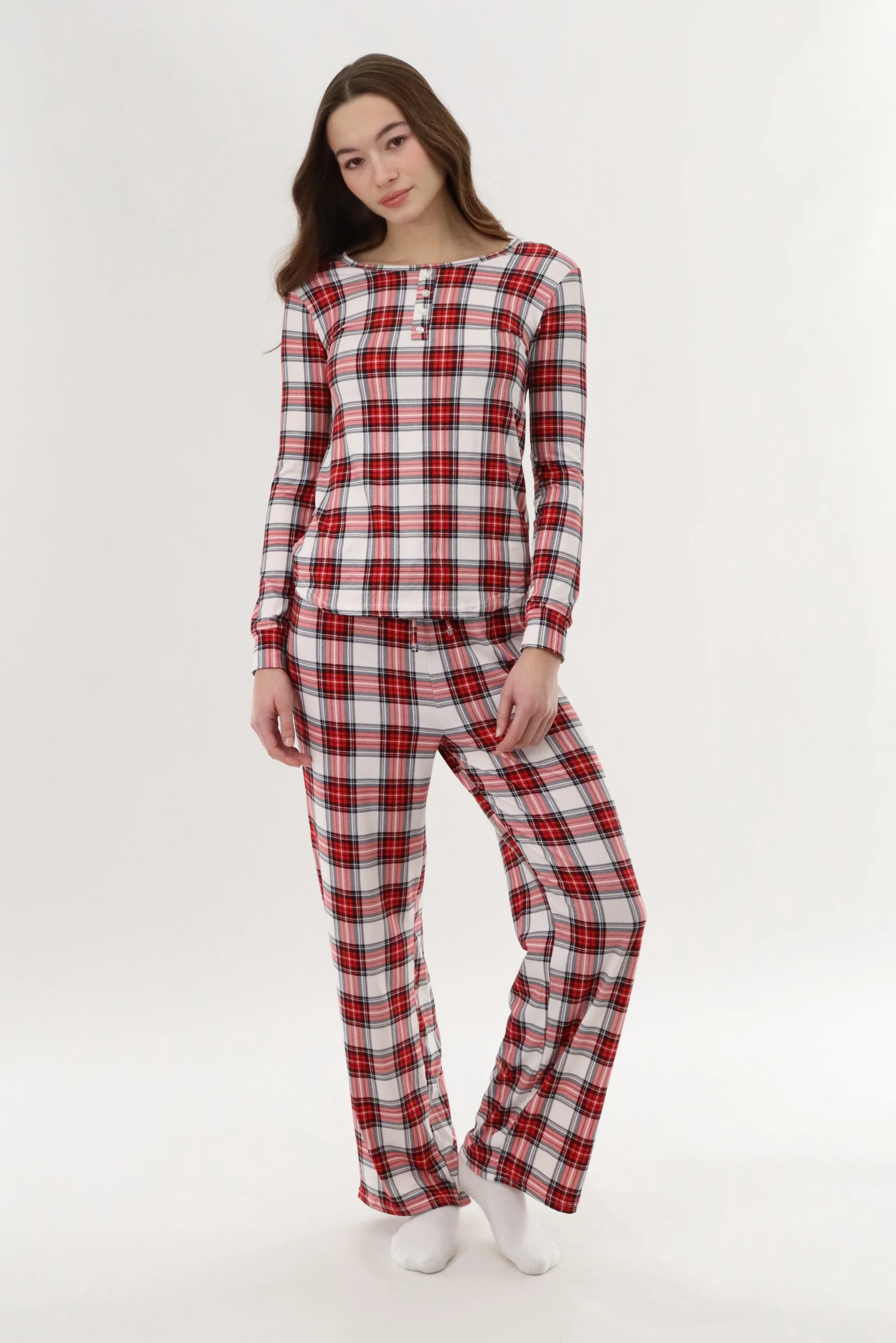 Long Sleeve Plaid Pajama Top - White - Image 5