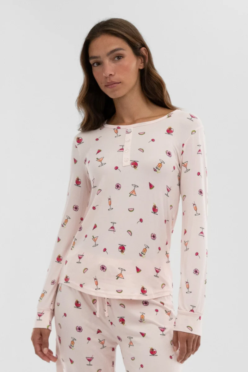 Drink Print Henley Pajama Top - Blush