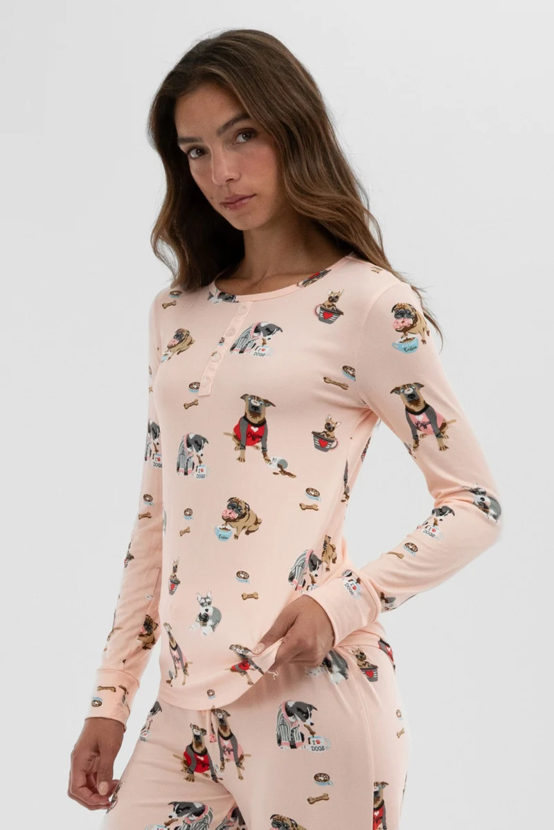 Dog Print Henley Pajama Top - Blush - Image 2