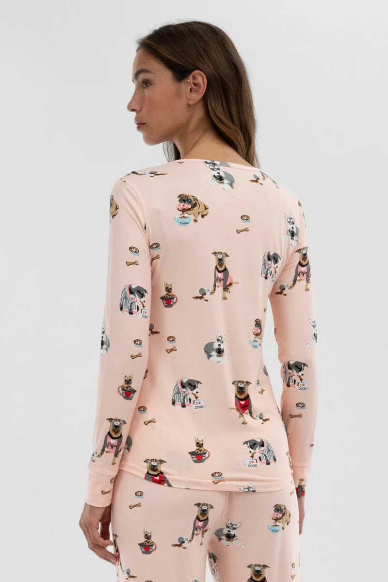 Dog Print Henley Pajama Top - Blush - Image 3