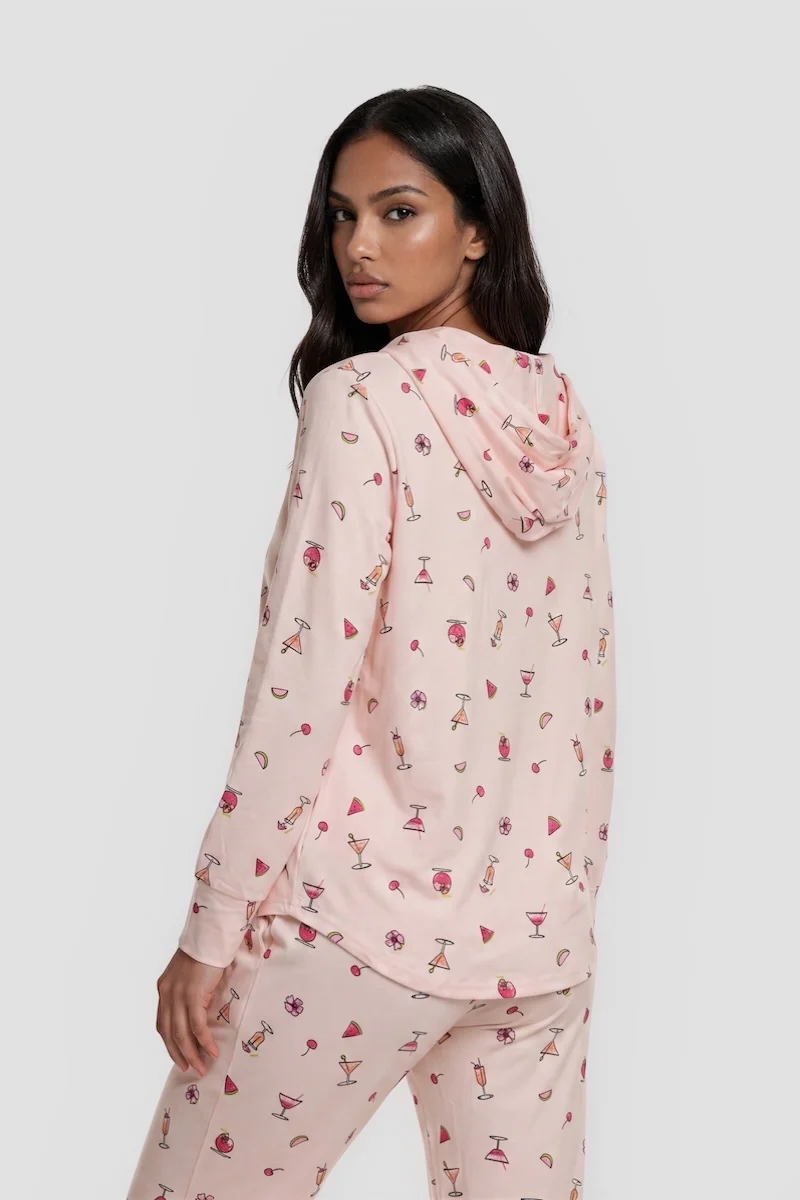 Martini Print Long Sleeve Hoody Pajama Top - Blush - Image 2