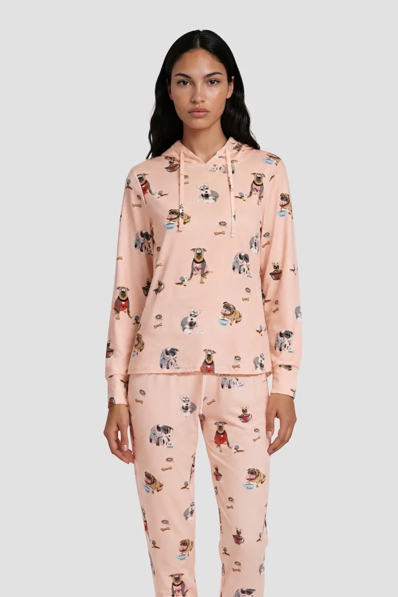 Dog Print Long Sleeve Hoody Pajama Top - Blush