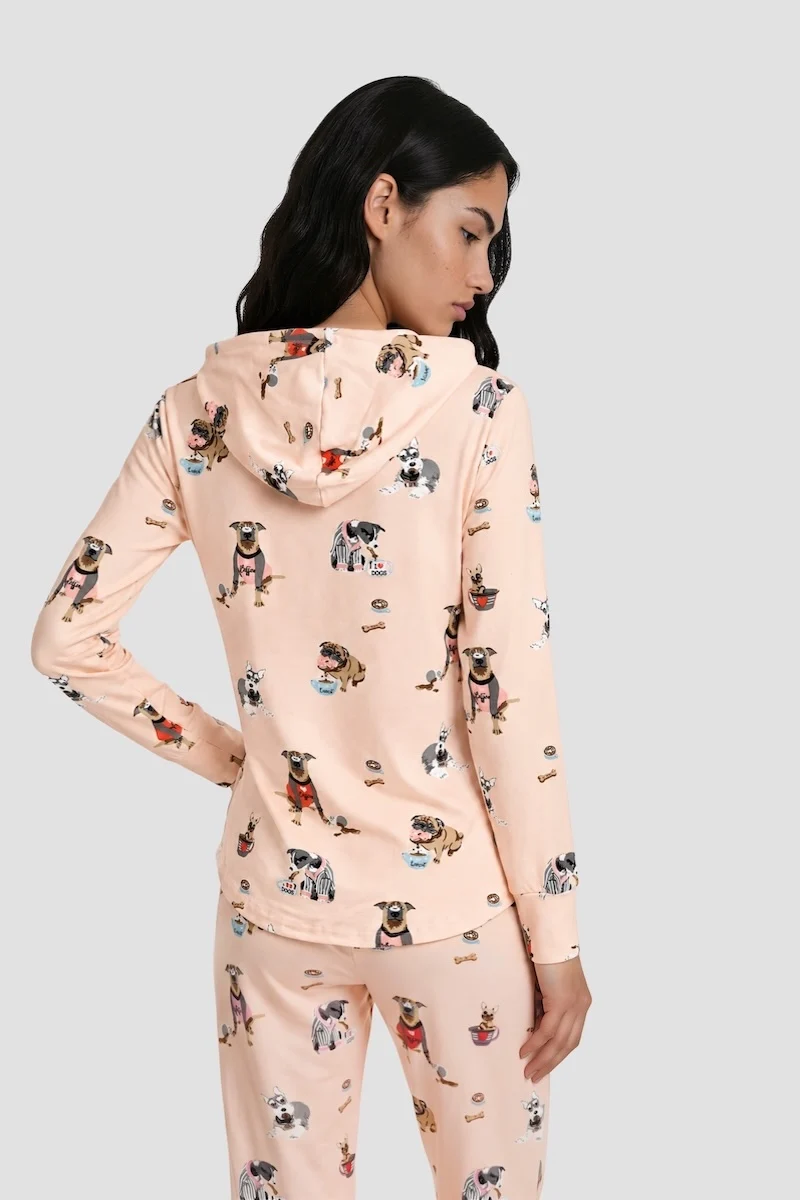 Dog Print Long Sleeve Hoody Pajama Top - Blush - Image 2