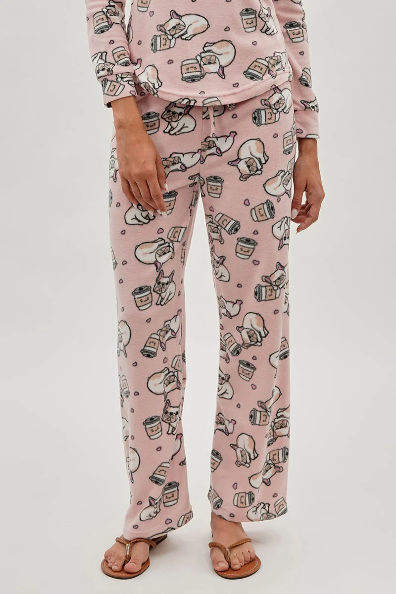 Pug Print Wide Leg Pajama Pants - Pink