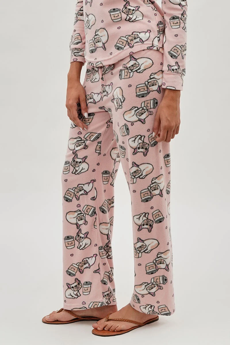 Pug Print Wide Leg Pajama Pants - Pink - Image 2