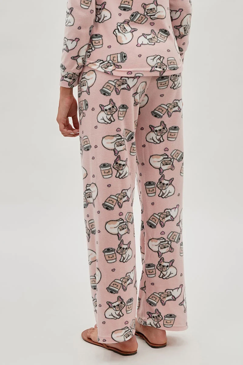 Pug Print Wide Leg Pajama Pants - Pink - Image 3