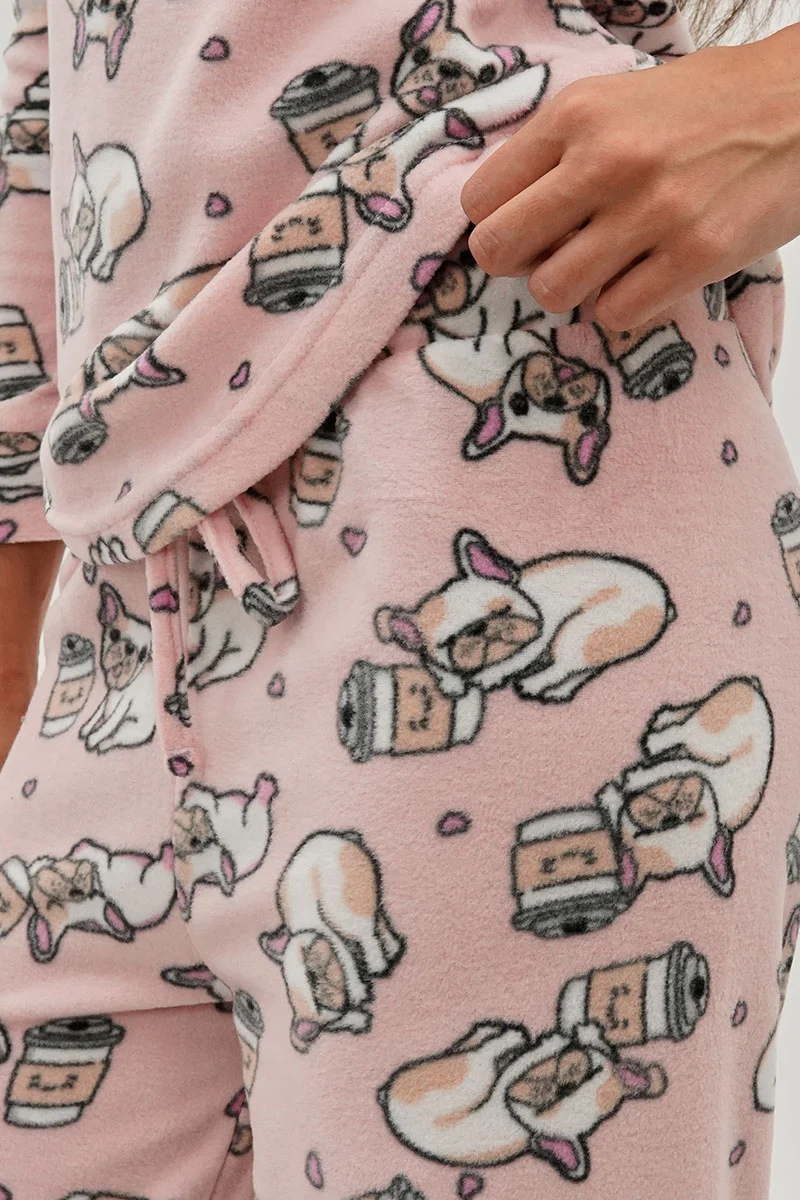 Pug Print Wide Leg Pajama Pants - Pink - Image 4