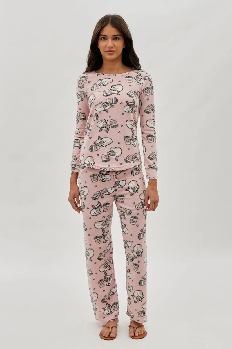 Pug Print Wide Leg Pajama Pants - Pink - Image 5