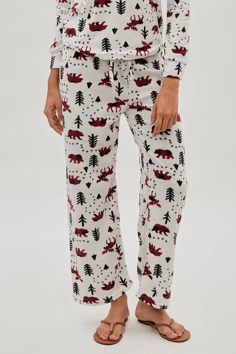 Winter Print Wide Leg Pajama Pants - White