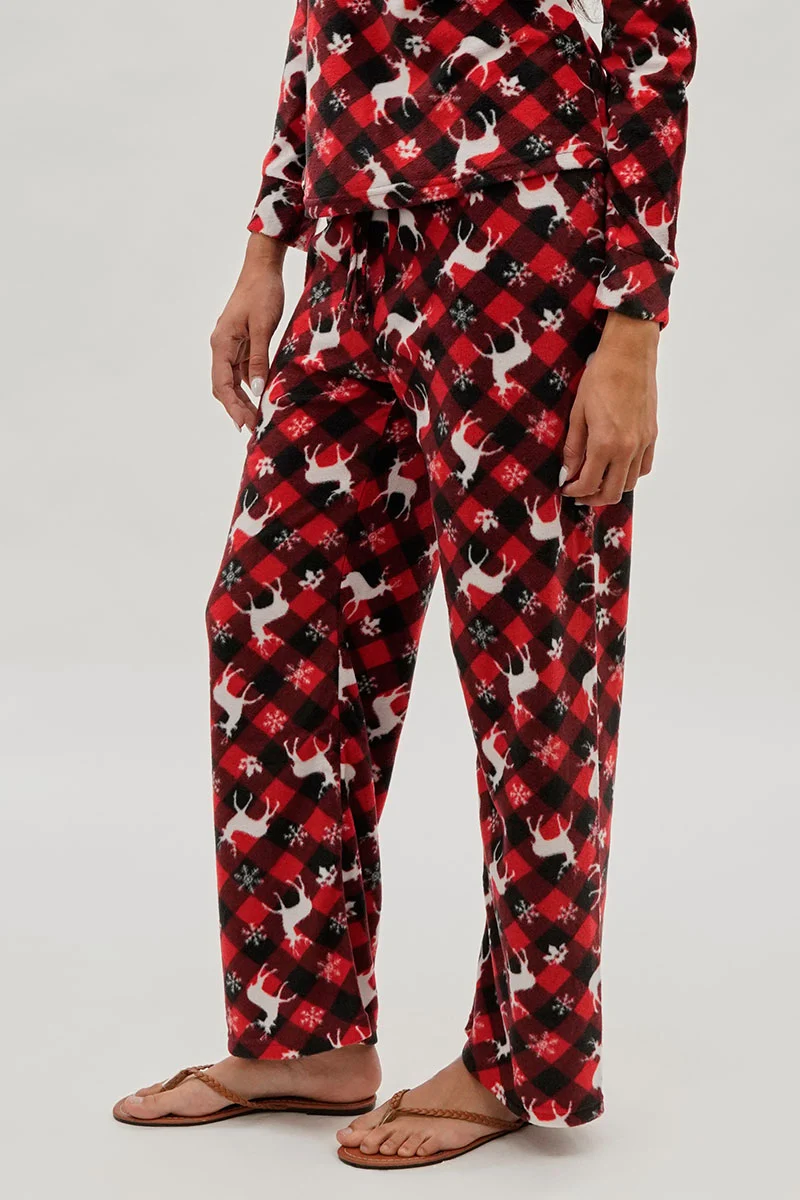 Festive Print Wide Leg Pajama Pants - Red - Image 2