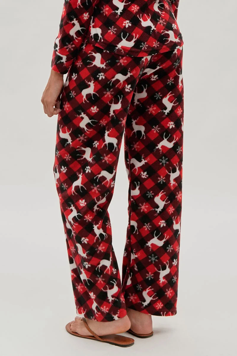 Festive Print Wide Leg Pajama Pants - Red - Image 3