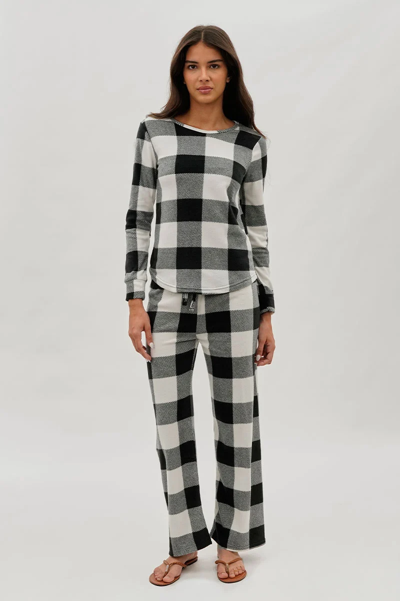 Plaid Print Wide Leg Pajama Pants - White - Image 5