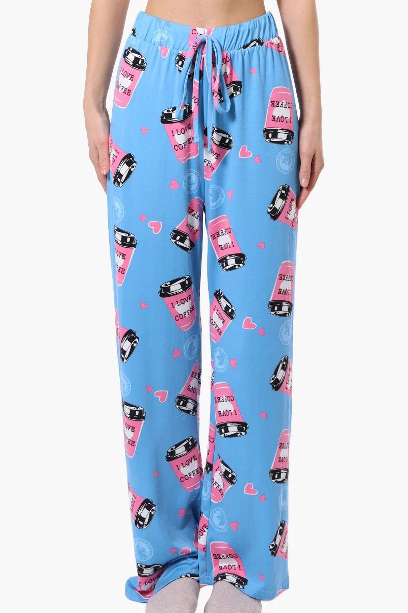 Coffee Pattern Wide Leg Pajama Pants - Blue