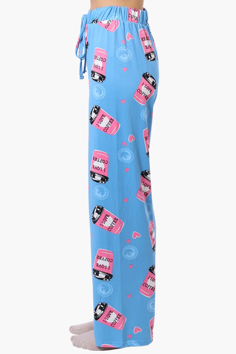 Coffee Pattern Wide Leg Pajama Pants - Blue - Image 2