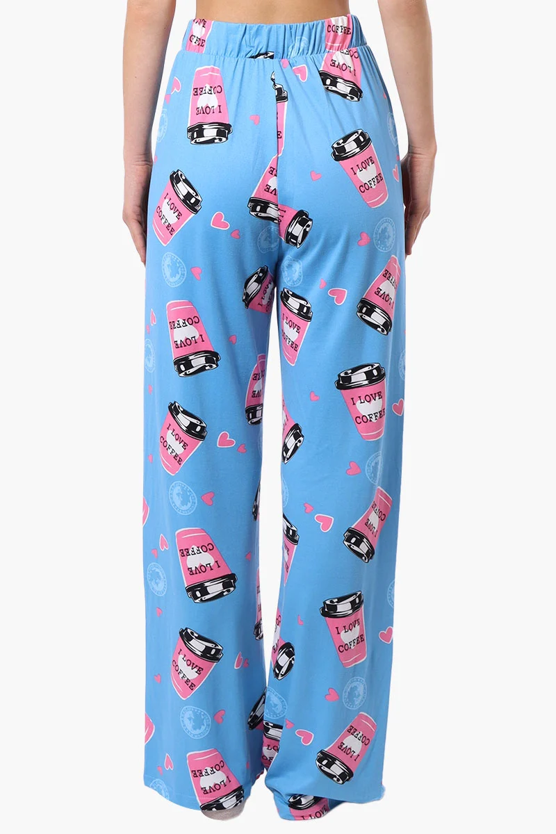 Coffee Pattern Wide Leg Pajama Pants - Blue - Image 3
