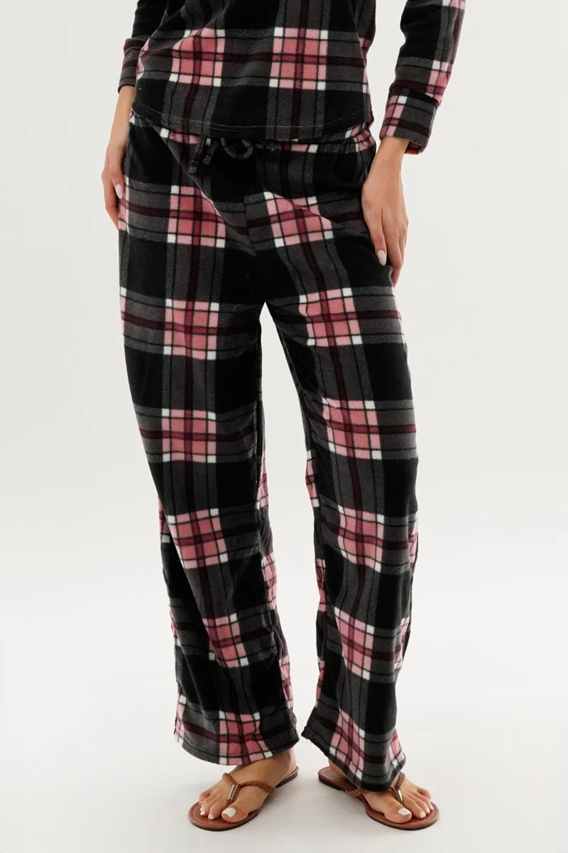 Plaid Wide Leg Pajama Pants - Black