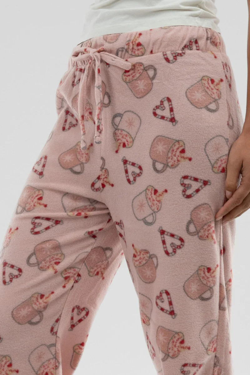 Festive Print Wide Leg Pajama Pants - Pink - Image 4