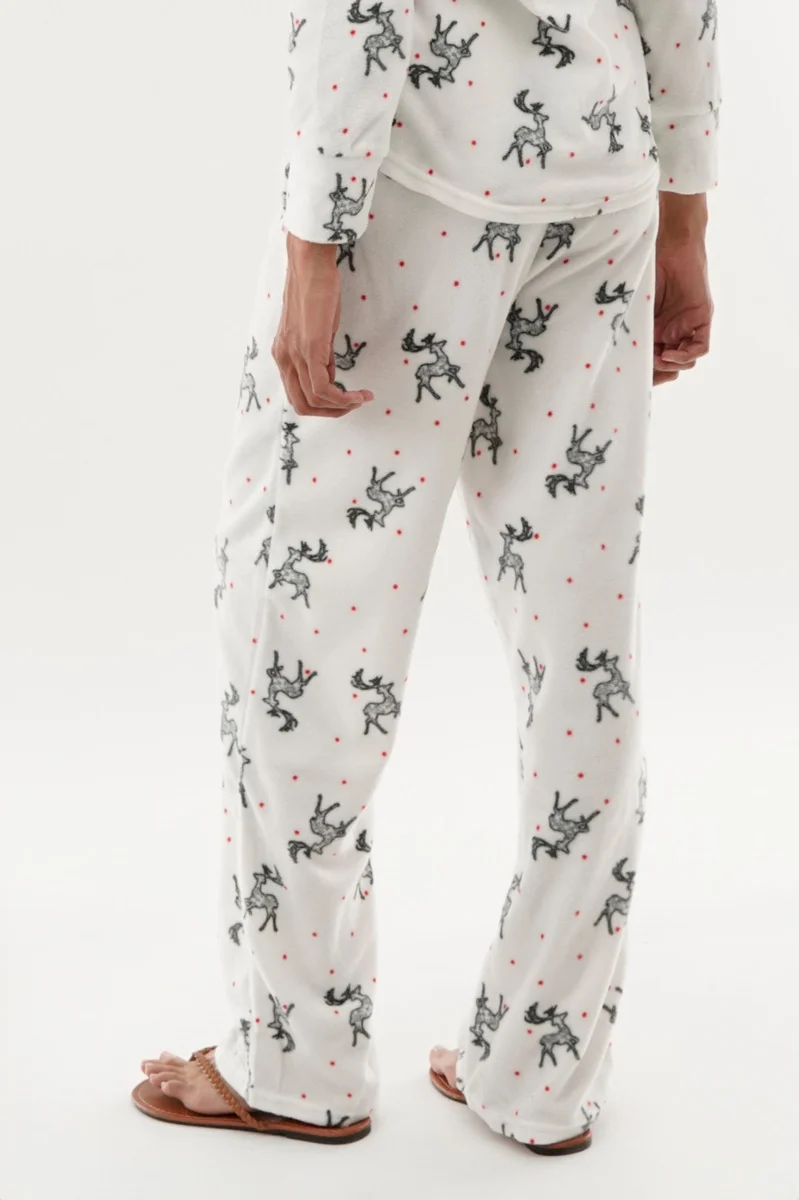 Reindeer Print Wide Leg Pajama Pants - White - Image 3