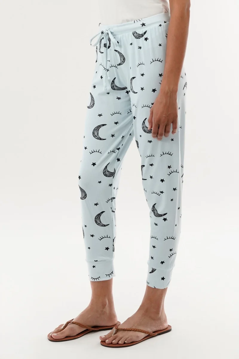 Moon Print Tie Waist Pajama Pants - Blue - Image 2