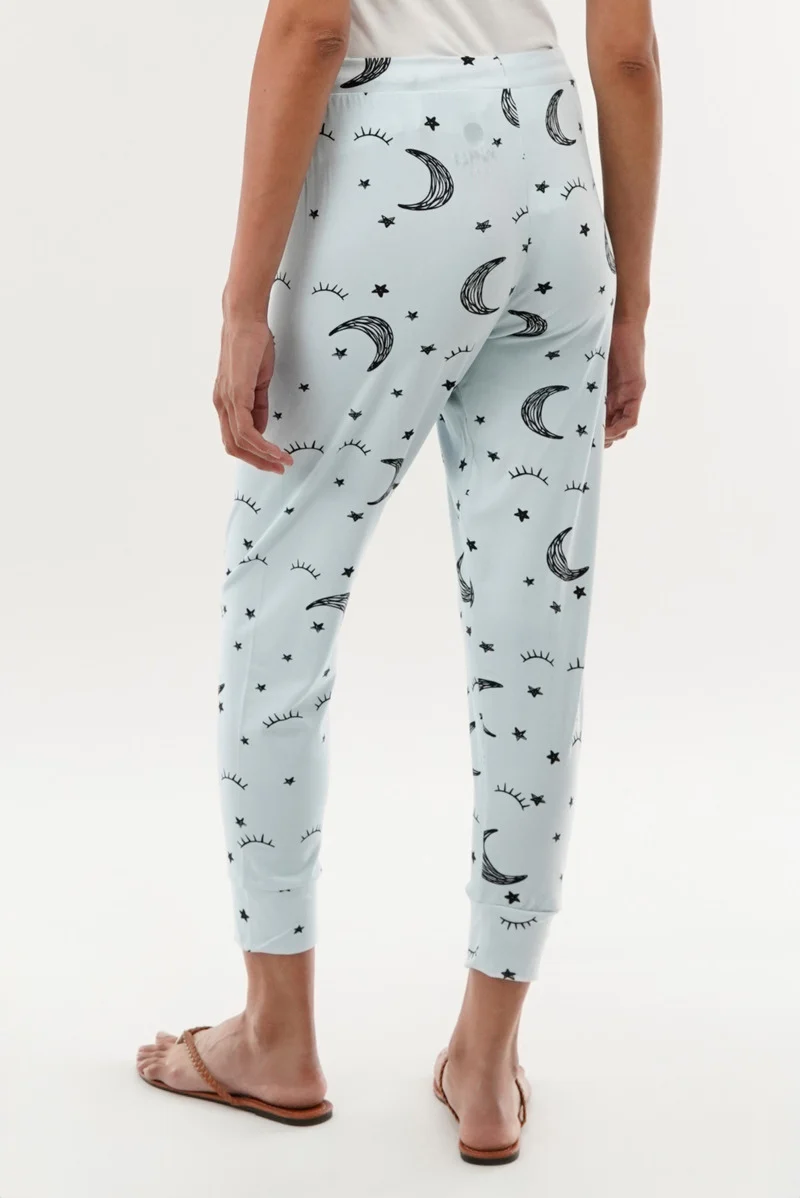 Moon Print Tie Waist Pajama Pants - Blue - Image 3