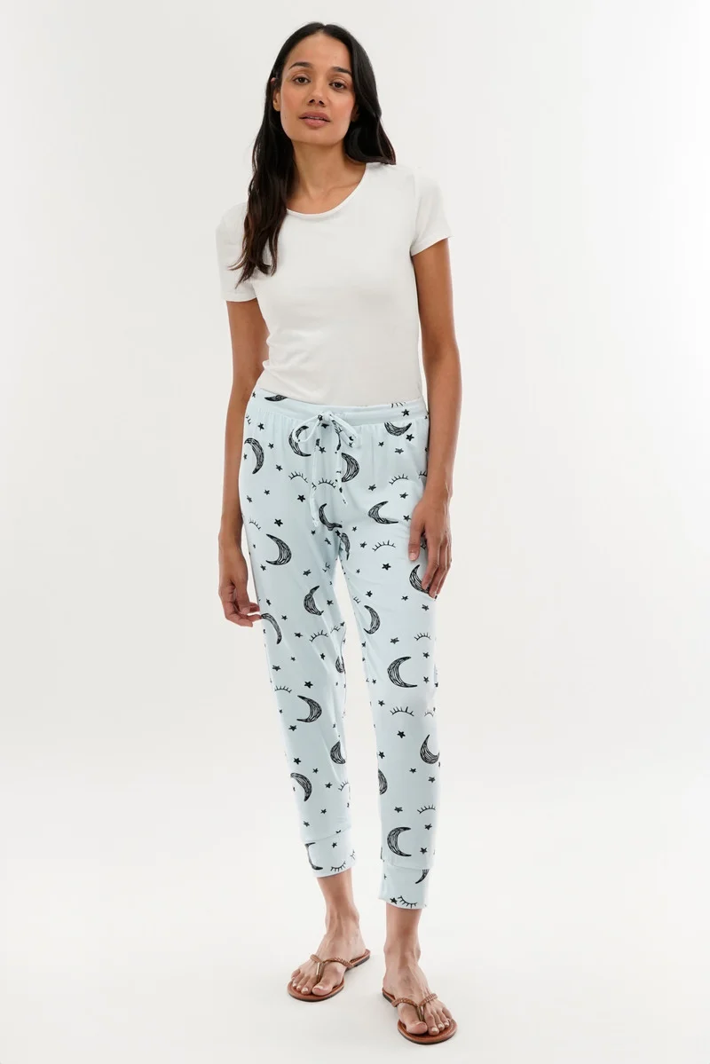 Moon Print Tie Waist Pajama Pants - Blue - Image 5