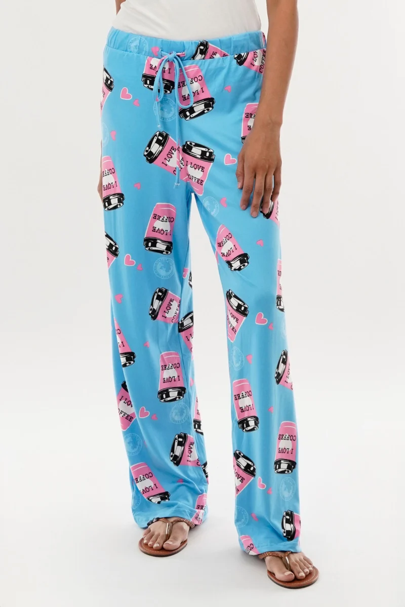 Coffee Print Wide Leg Pajama Pants - Blue