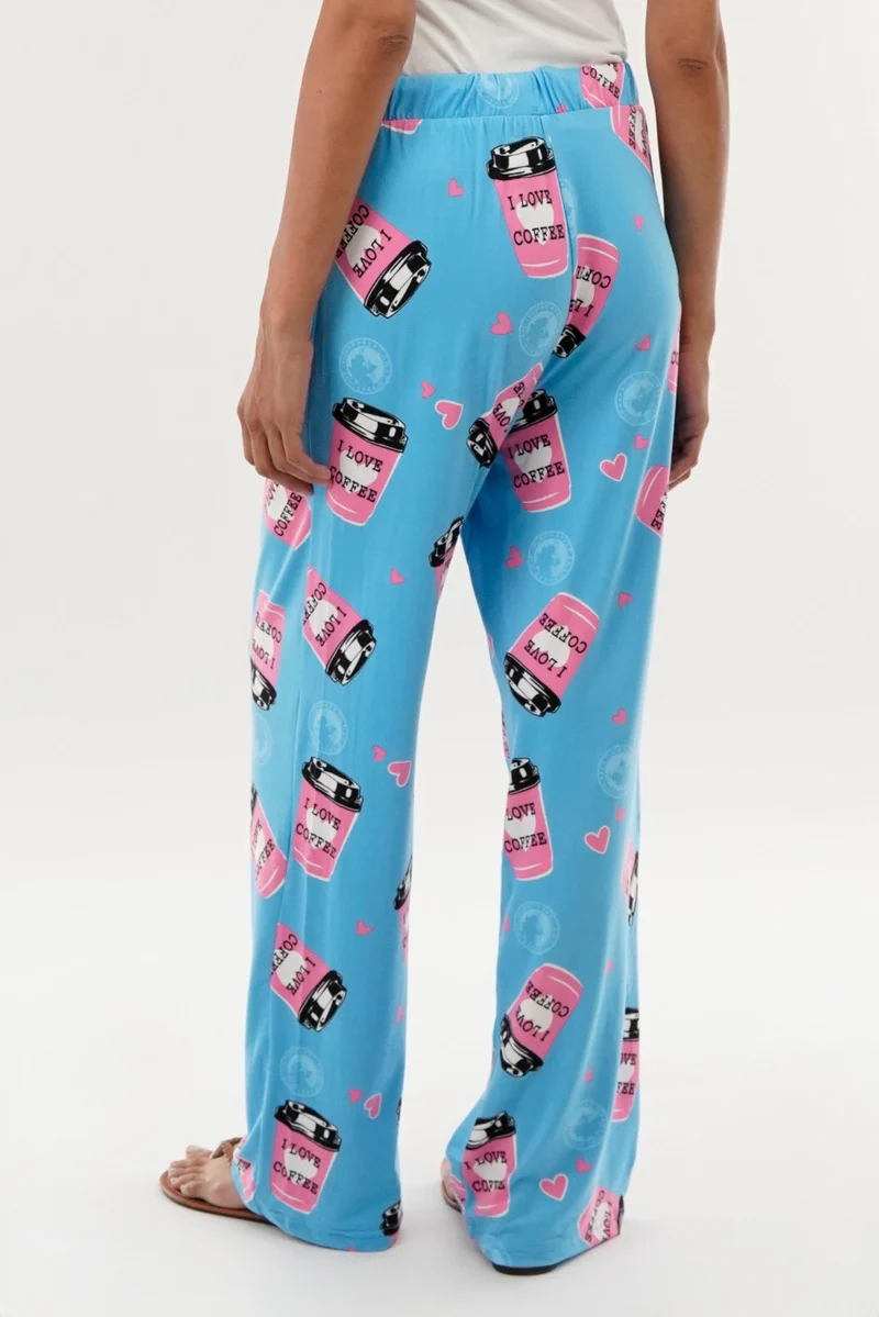 Coffee Print Wide Leg Pajama Pants - Blue - Image 3