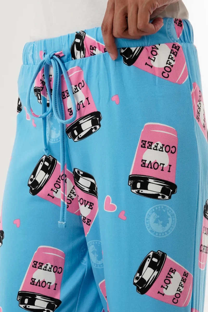 Coffee Print Wide Leg Pajama Pants - Blue - Image 4