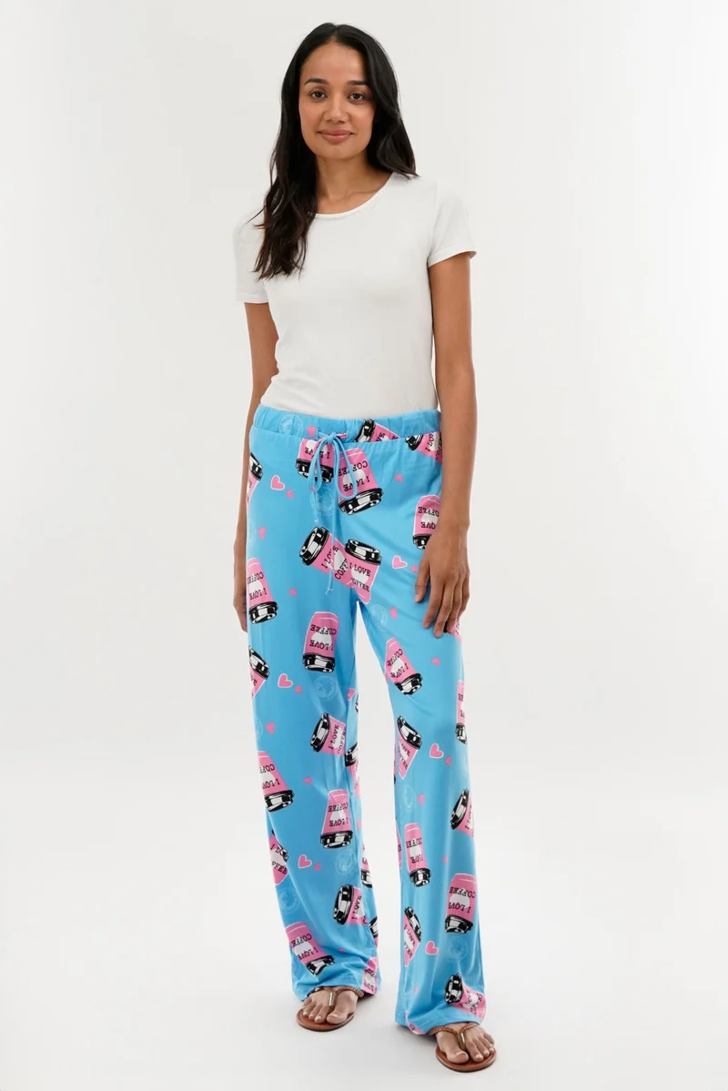 Coffee Print Wide Leg Pajama Pants - Blue - Image 5