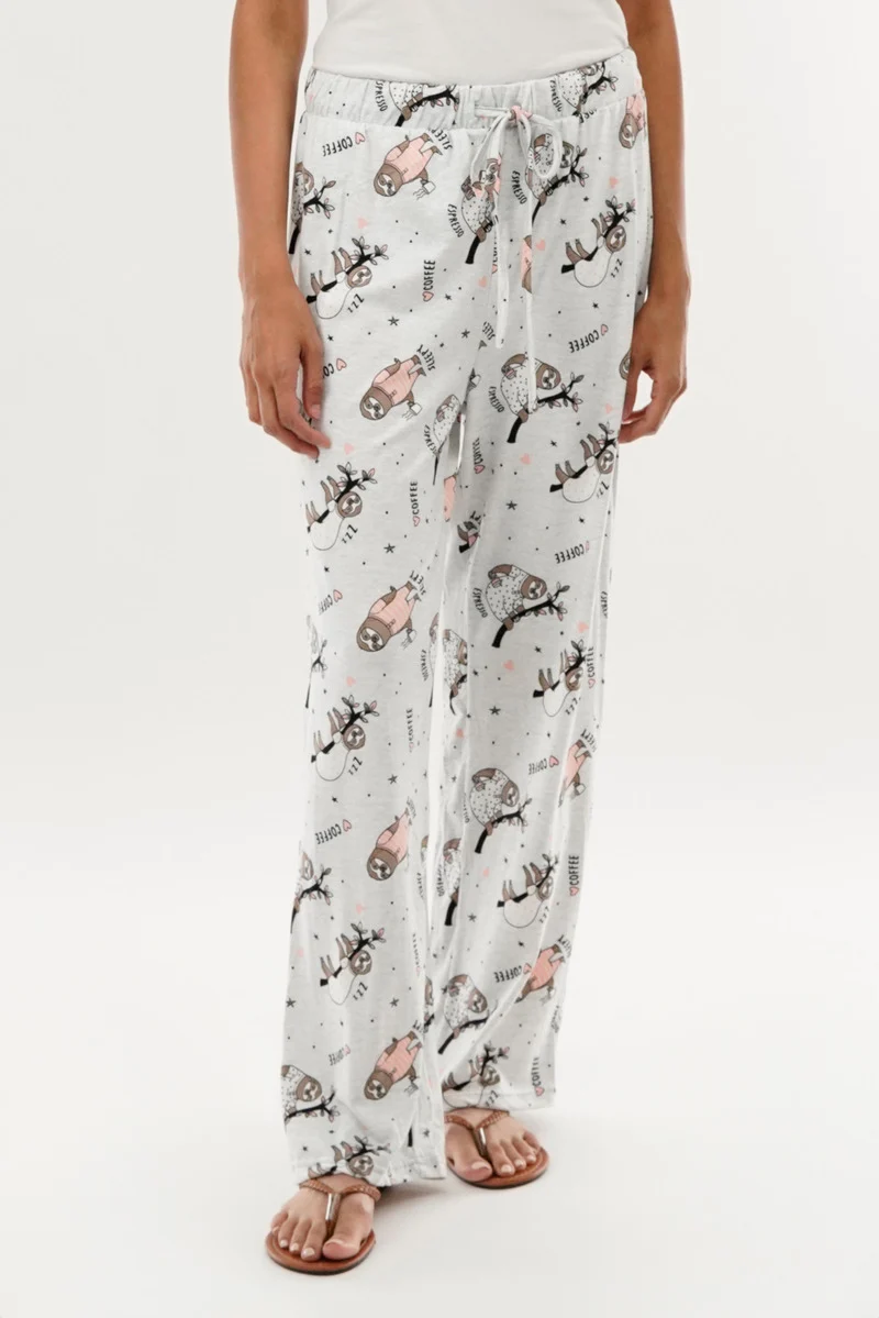 Sloth Print Wide Leg Pajama Pants - Grey