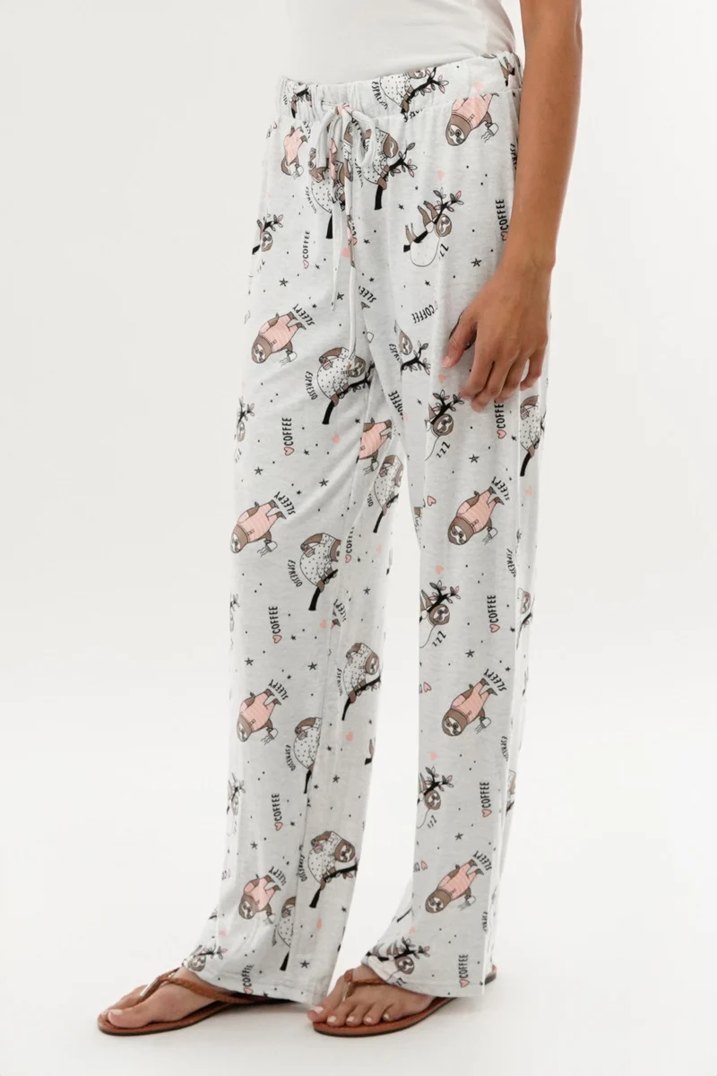 Sloth Print Wide Leg Pajama Pants - Grey - Image 2