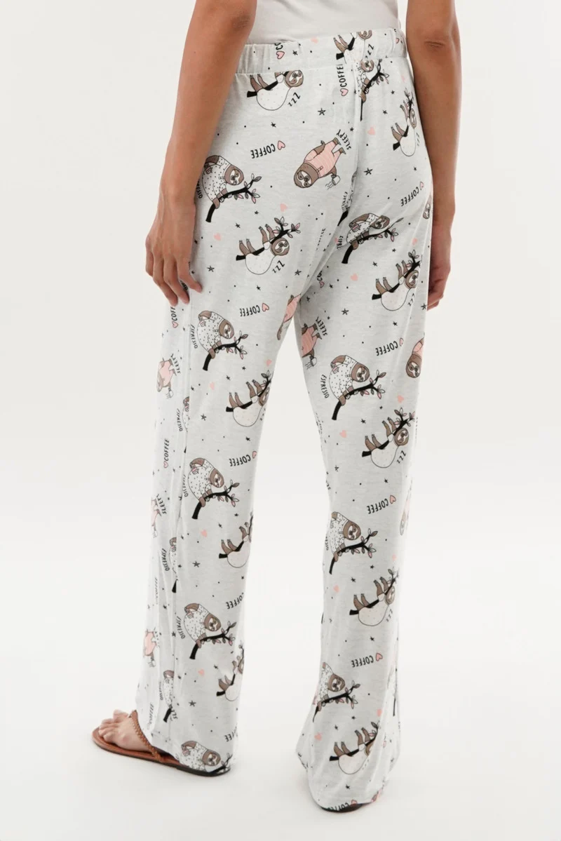 Sloth Print Wide Leg Pajama Pants - Grey - Image 3
