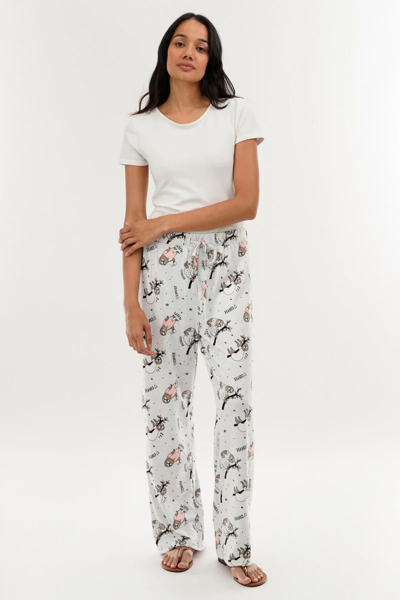 Sloth Print Wide Leg Pajama Pants - Grey - Image 5
