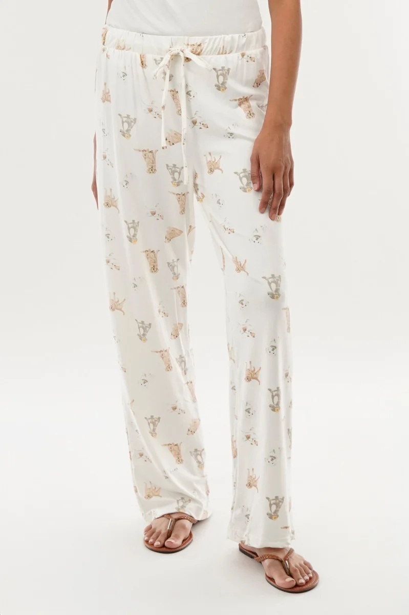 Dog Print Wide Leg Pajama Pants - Beige