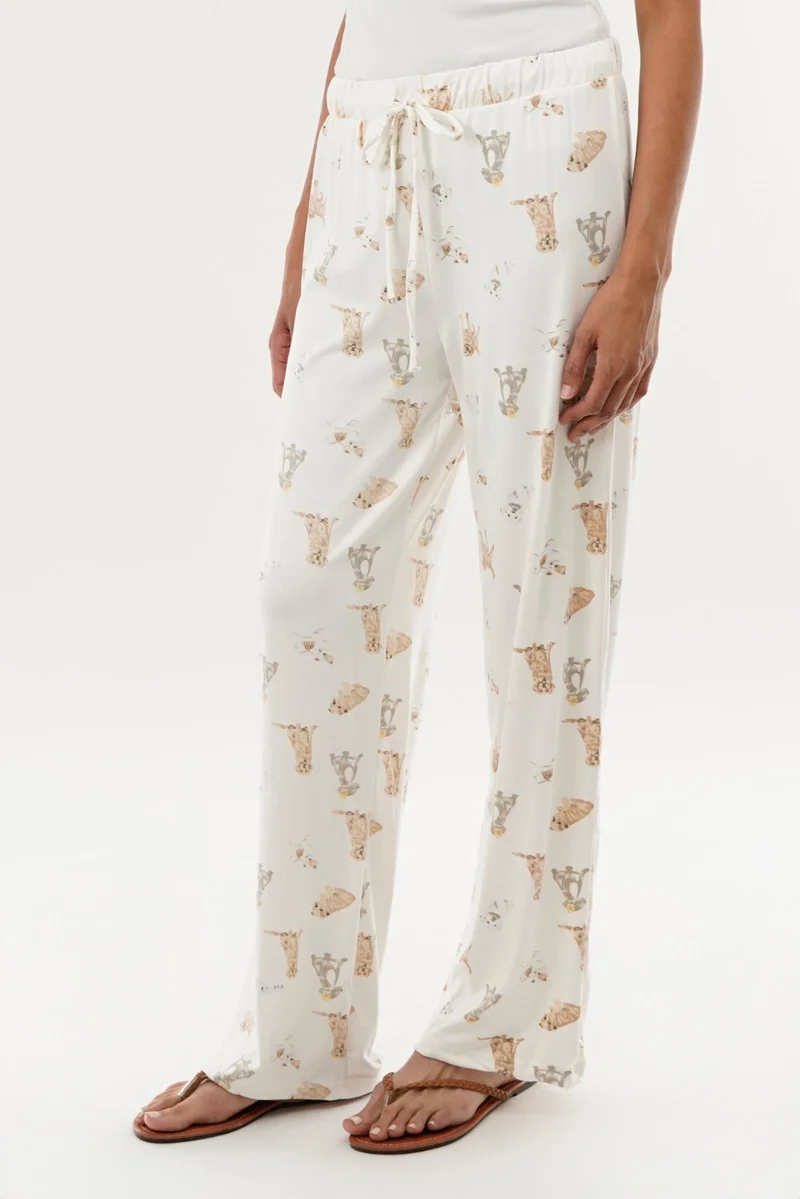 Dog Print Wide Leg Pajama Pants - Beige - Image 2