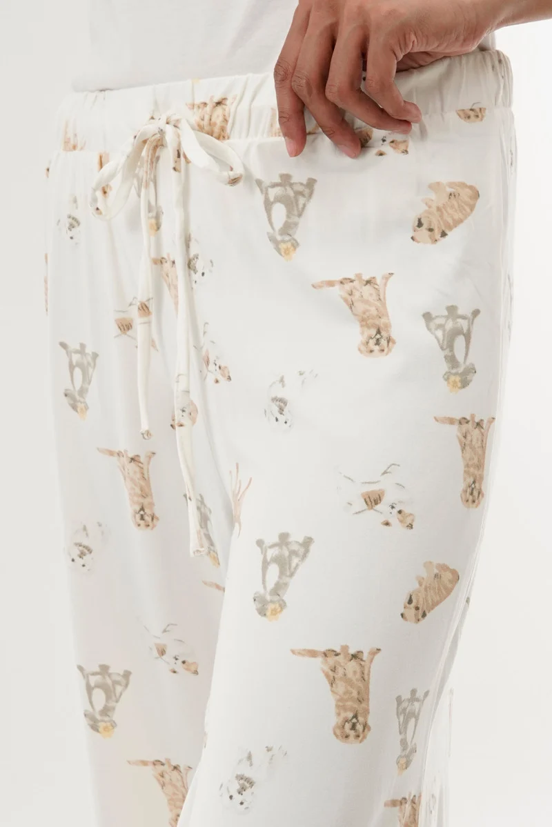 Dog Print Wide Leg Pajama Pants - Beige - Image 4