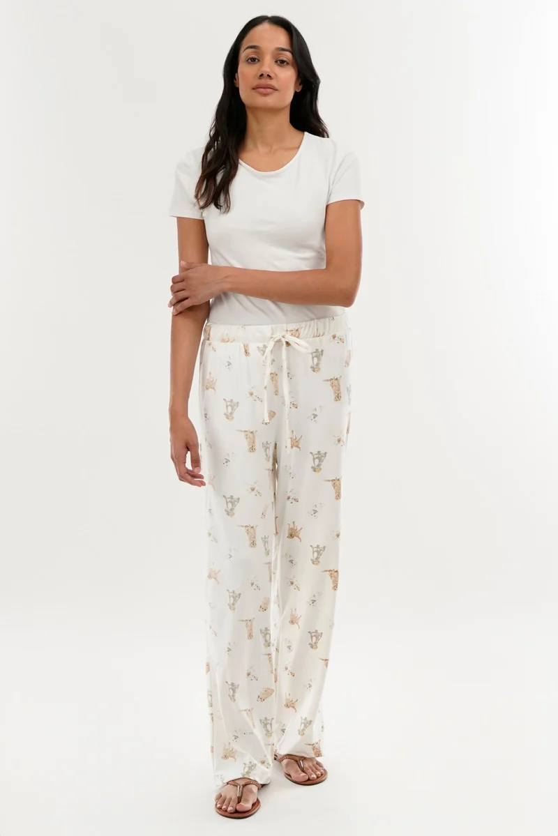 Dog Print Wide Leg Pajama Pants - Beige - Image 5