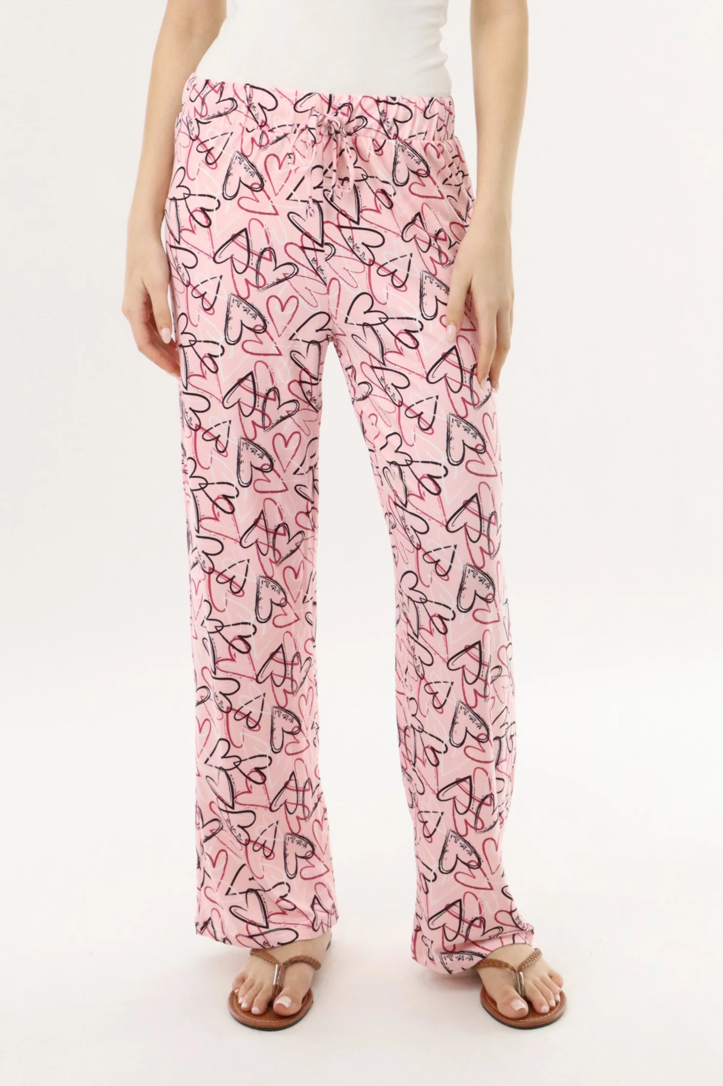 Heart Print Long Pajama Pants - Magenta