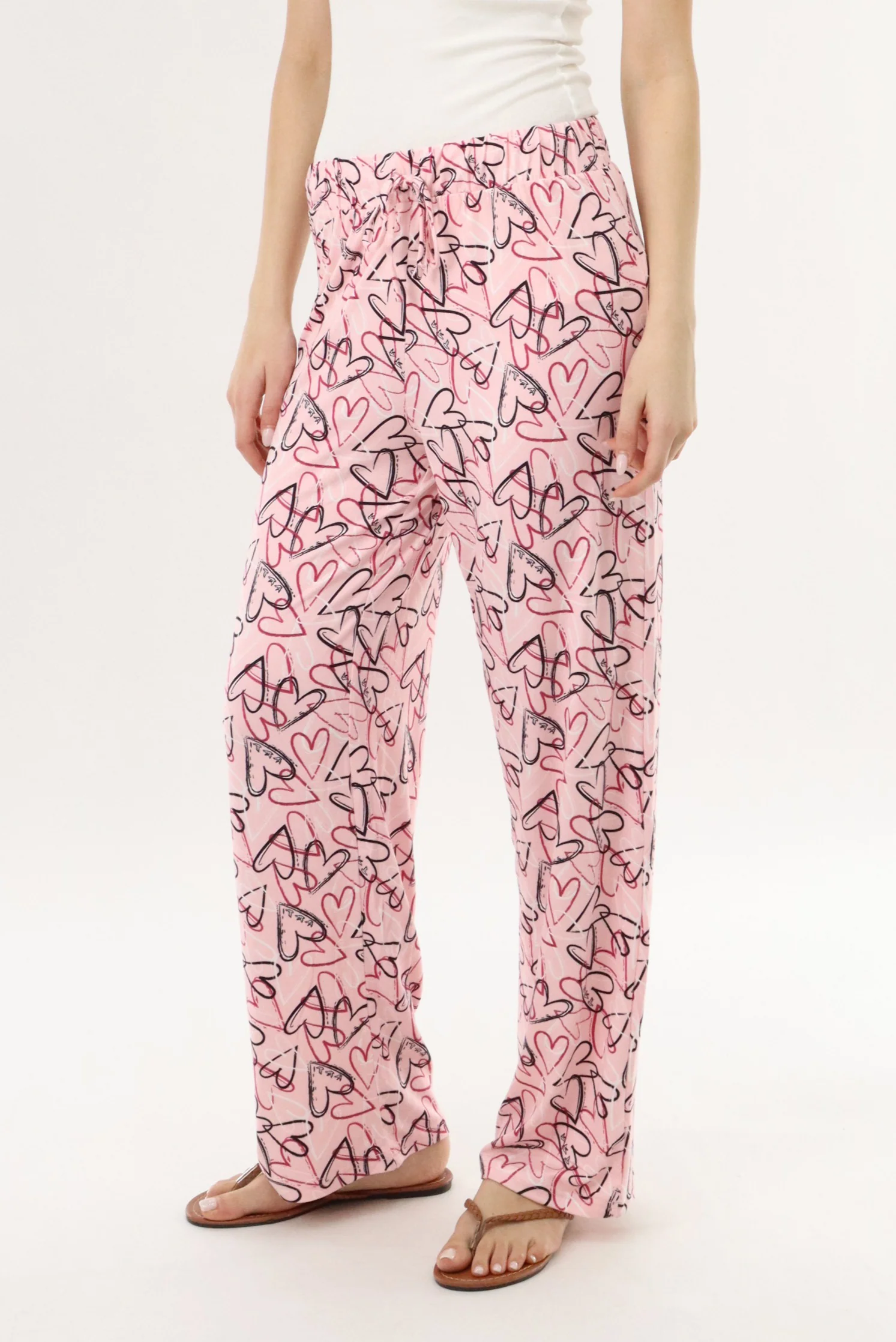 Heart Print Long Pajama Pants - Magenta - Image 2