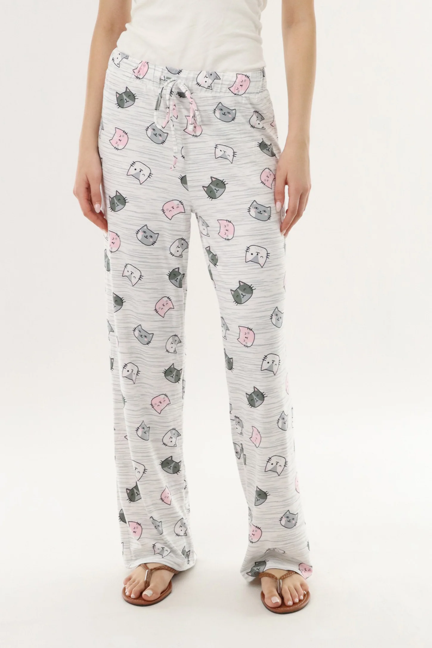Cat Print Long Pajama Pants - Grey