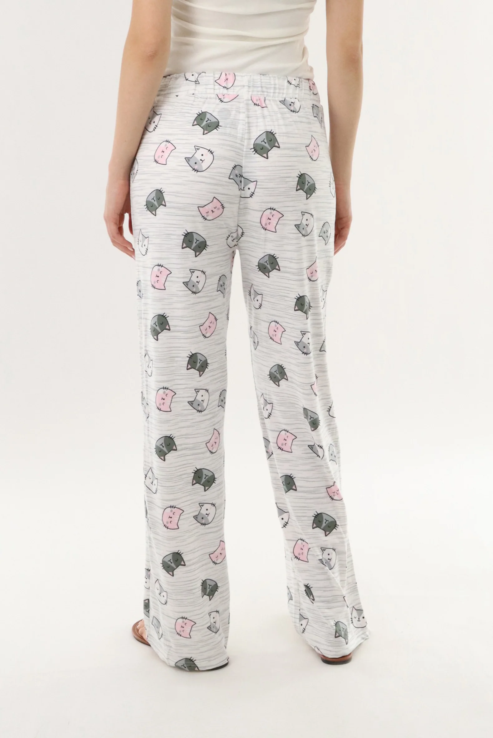 Cat Print Long Pajama Pants - Grey - Image 3