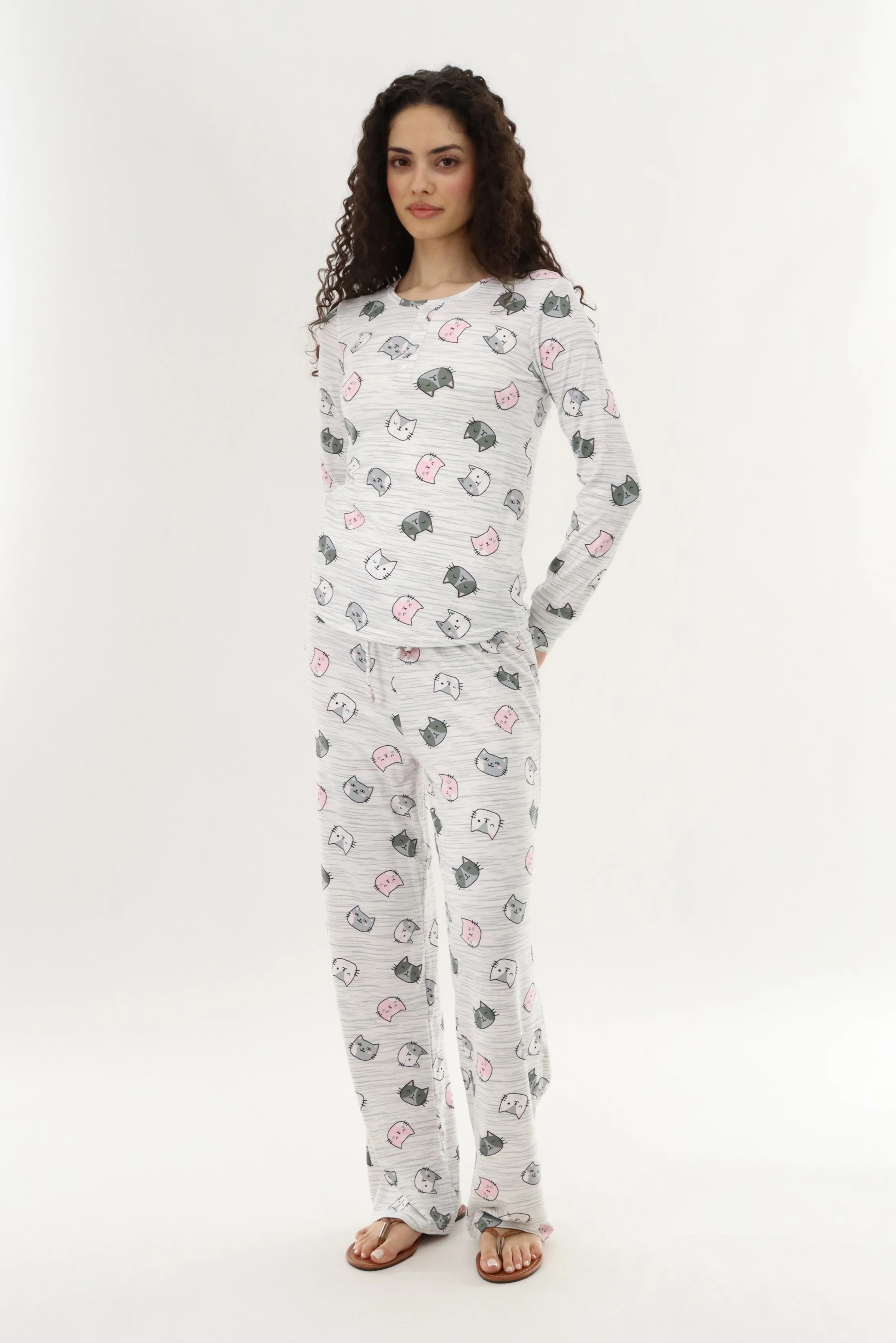 Cat Print Long Pajama Pants - Grey - Image 5