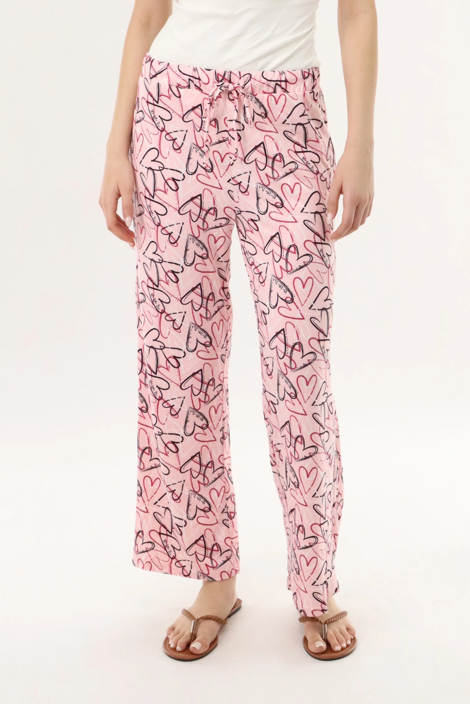 Heart Print Long Pajama Pants - Magenta