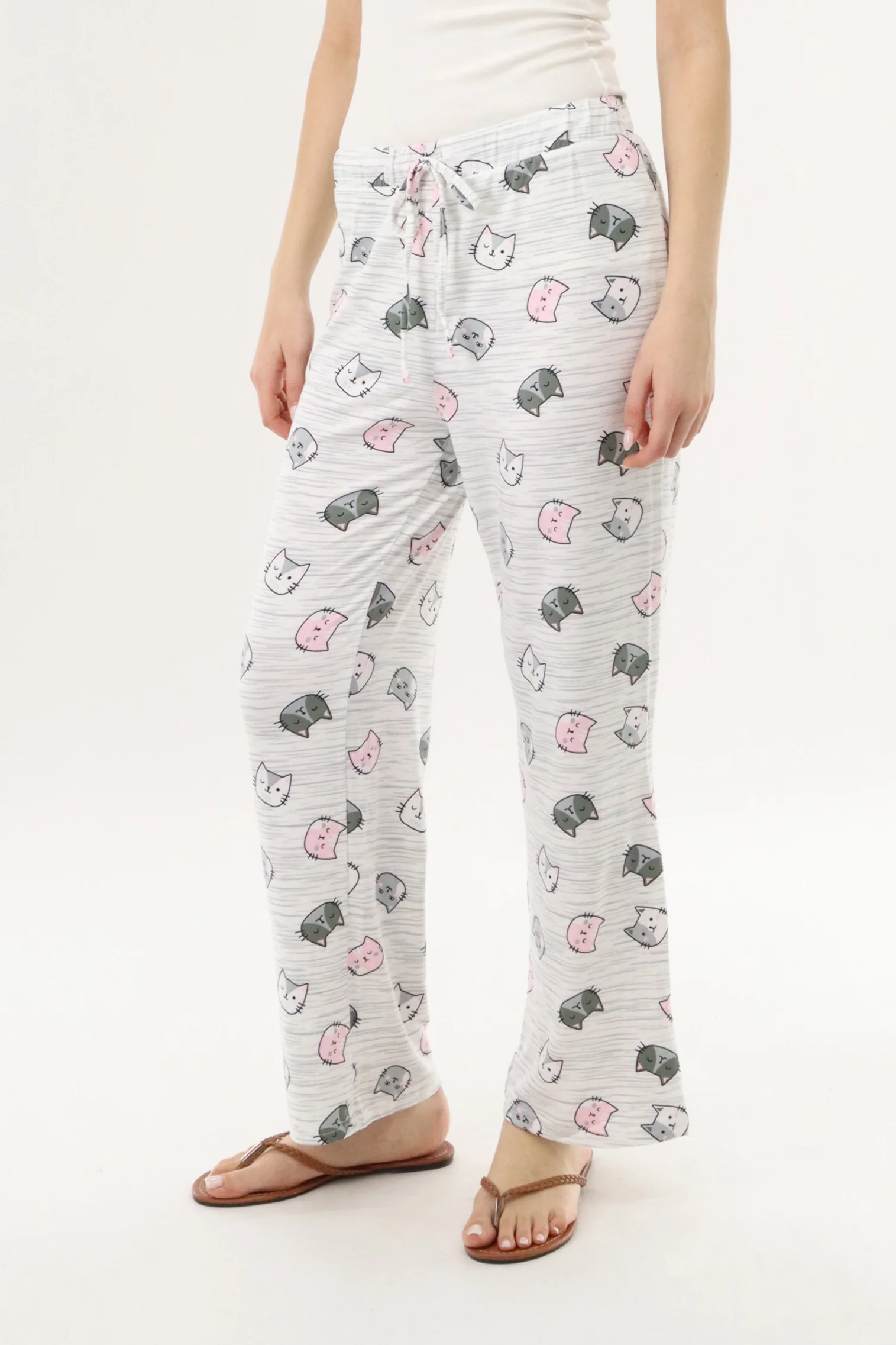 Cat Print Long Pajama Pants - Grey - Image 2