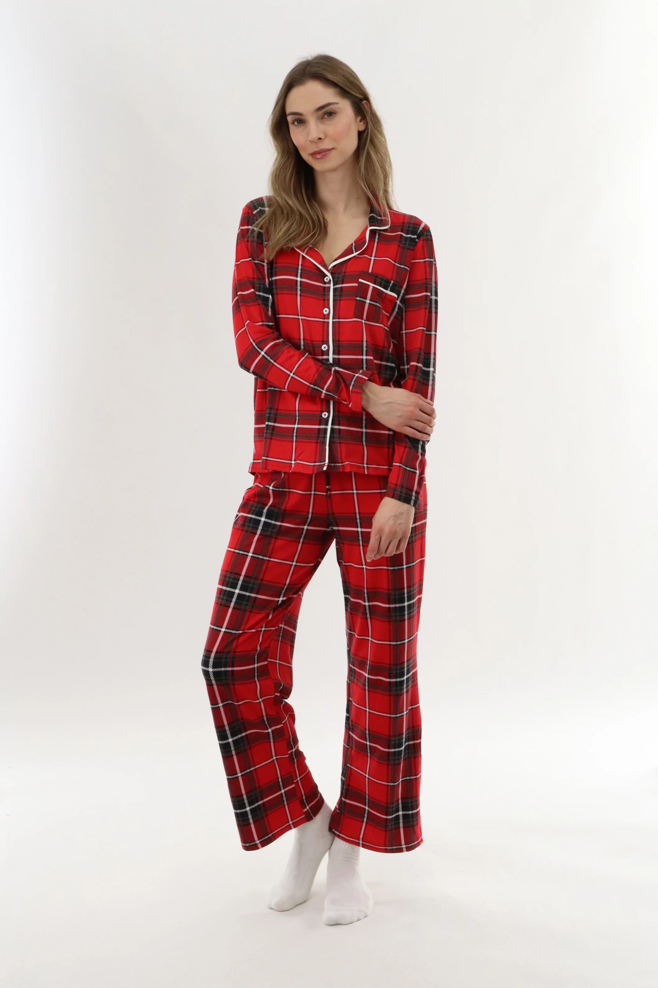 Wide Leg Plaid Pajama Pants - Red - Image 5