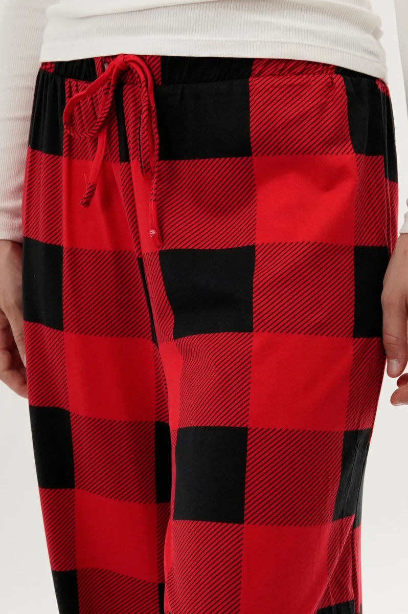 Plaid Wide Leg Pajama Pants - Red - Image 4
