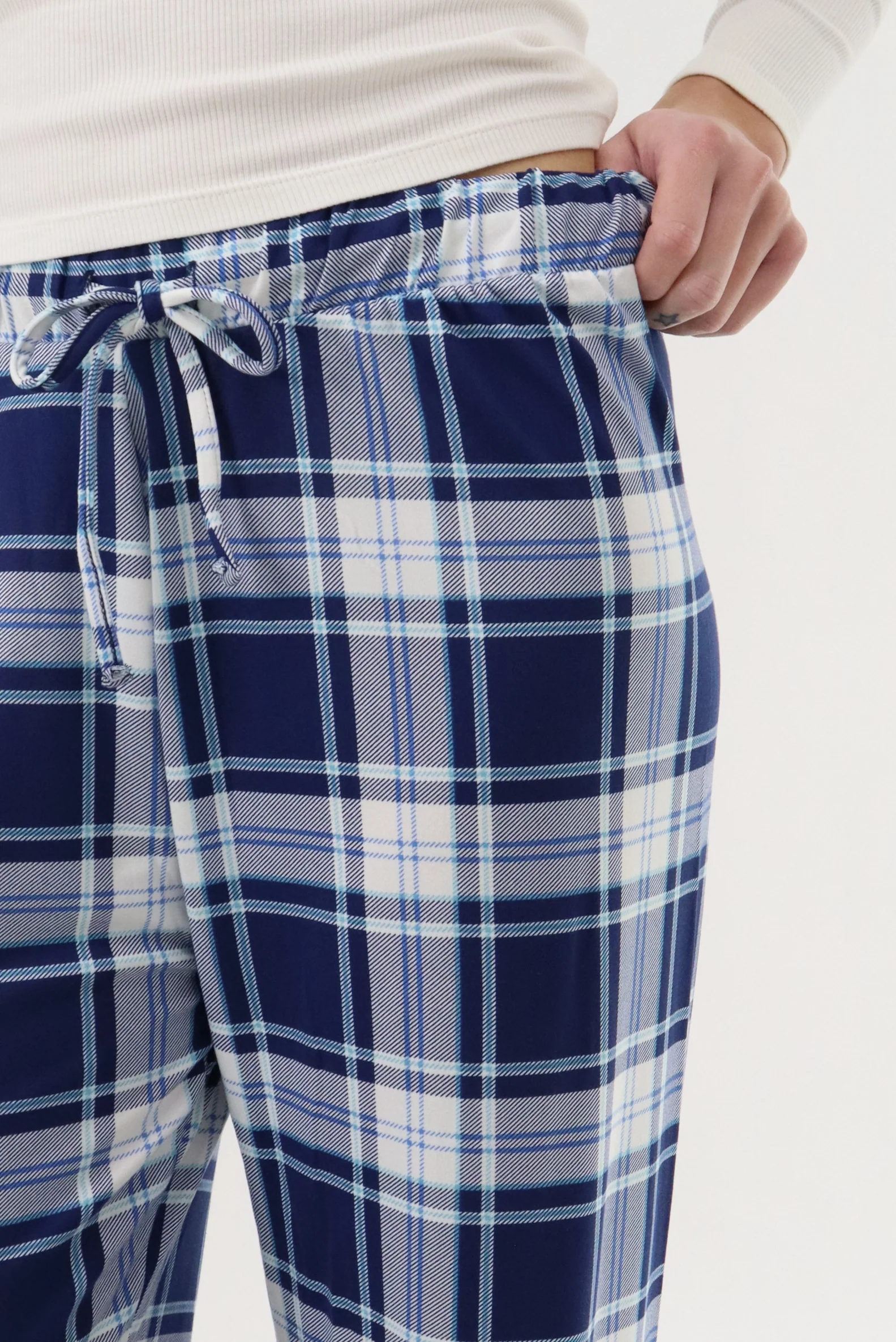Wide Leg Plaid Pajama Pants - Navy - Image 4